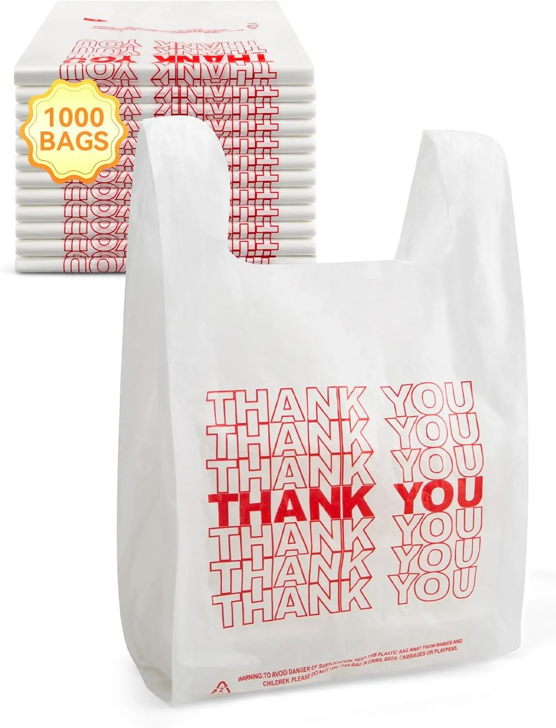 1000 Count Thank You Plastic Bags with Handles, 12" x 6" x 22", 14 Mic White Grocery Bags - Ideal for Grocery Stores, Retail, Restaurants, and Takeout