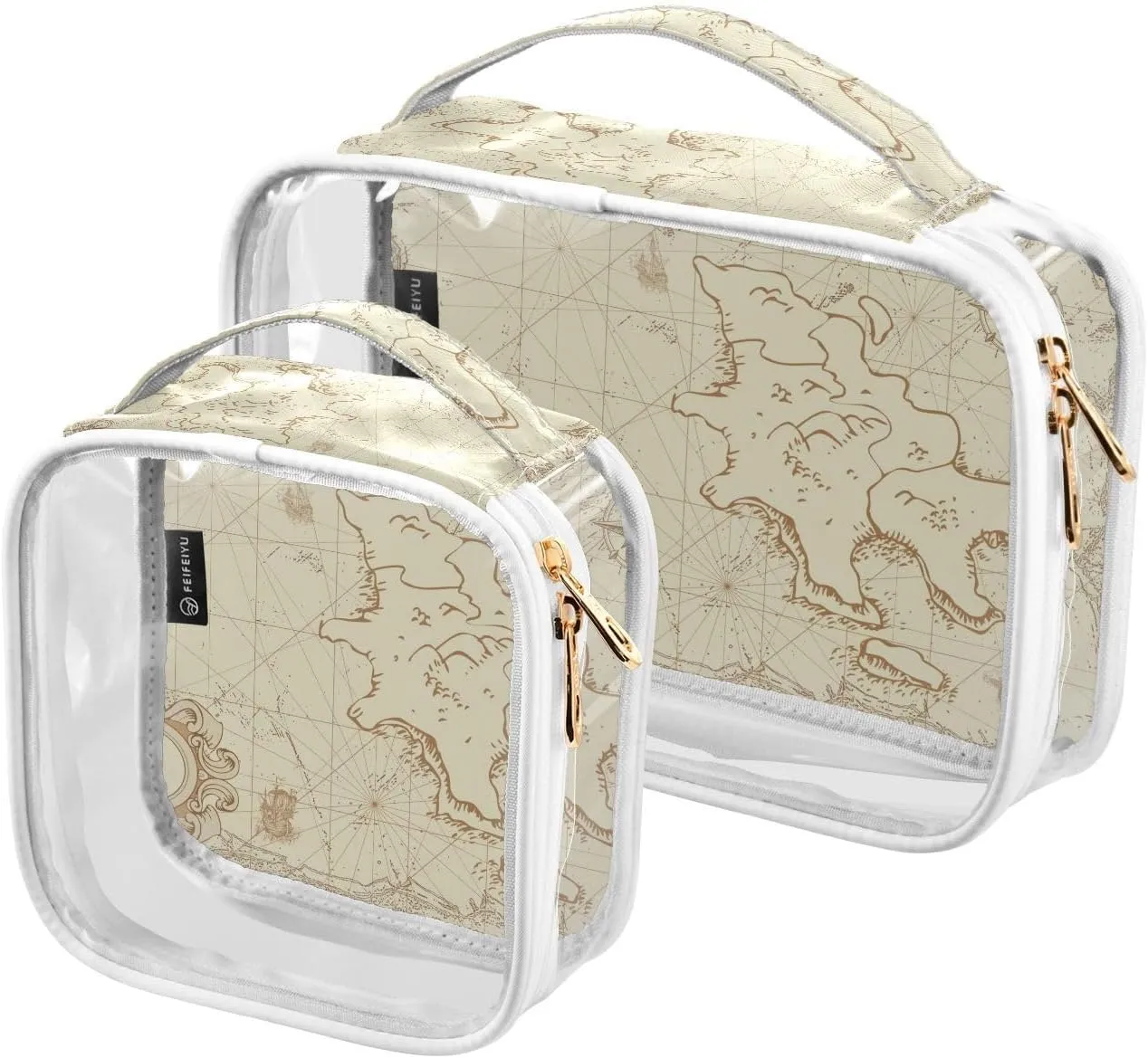 2 Pack Portable Travel Clear Cosmetic Toiletry Bags with Double Zippers for Men Women, Ancient-nautical-print Waterproof Storage Carry Pouch with Handle, Tote Bags for Bathroom Traveling Vacation Org
