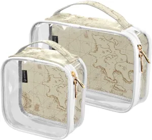2 Pack Portable Travel Clear Cosmetic Toiletry Bags with Double Zippers for Men Women, Ancient-nautical-print Waterproof Storage Carry Pouch with Handle, Tote Bags for Bathroom Traveling Vacation Org
