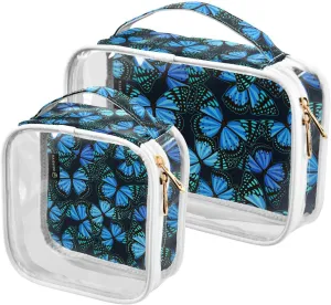 2 Pack Portable Travel Clear Cosmetic Toiletry Bags with Double Zippers for Men Women, Blue-butterflies-pattern Waterproof Storage Carry Pouch with Handle, Tote Bags for Bathroom Traveling Vacation O