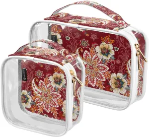 2 Pack Portable Travel Clear Cosmetic Toiletry Bags with Double Zippers for Men Women, Border-with-paisley-flowers Waterproof Storage Carry Pouch with Handle, Tote Bags for Bathroom Traveling Vacatio
