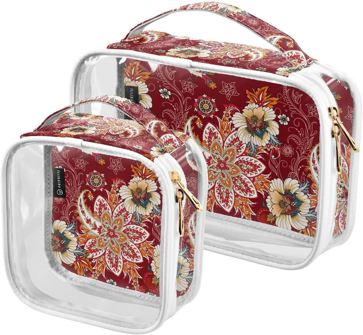 2 Pack Portable Travel Clear Cosmetic Toiletry Bags with Double Zippers for Men Women, Border-with-paisley-flowers Waterproof Storage Carry Pouch with Handle, Tote Bags for Bathroom Traveling Vacatio