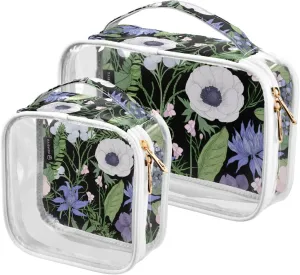 2 Pack Portable Travel Clear Cosmetic Toiletry Bags with Double Zippers for Men Women, Botanical-flowers Print Waterproof Storage Carry Pouch with Handle, Tote Bags for Bathroom Traveling Vacation Or