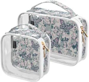 2 Pack Portable Travel Clear Cosmetic Toiletry Bags with Double Zippers for Men Women, Butterflies-paint-texture Waterproof Storage Carry Pouch with Handle, Tote Bags for Bathroom Traveling Vacation