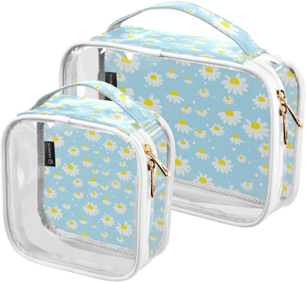 2 Pack Portable Travel Clear Cosmetic Toiletry Bags with Double Zippers for Men Women, Chamomile-flowers-blue Waterproof Storage Carry Pouch with Handle, Tote Bags for Bathroom Traveling Vacation Org