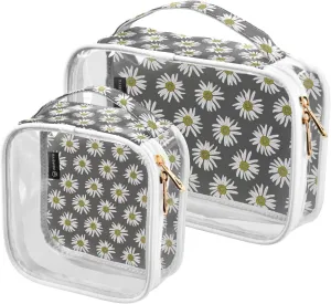 2 Pack Portable Travel Clear Cosmetic Toiletry Bags with Double Zippers for Men Women, Chamomiles-gray Waterproof Storage Carry Pouch with Handle, Tote Bags for Bathroom Traveling Vacation Organizing