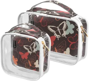 2 Pack Portable Travel Clear Cosmetic Toiletry Bags with Double Zippers for Men Women, Colorful-butterflies-texture Waterproof Storage Carry Pouch with Handle, Tote Bags for Bathroom Traveling Vacati