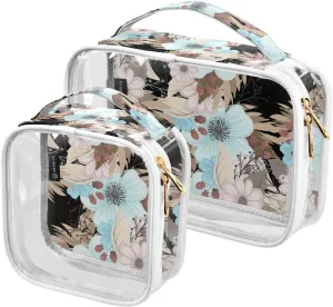 2 Pack Portable Travel Clear Cosmetic Toiletry Bags with Double Zippers for Men Women, Colorful-floral-pattern Waterproof Storage Carry Pouch with Handle, Tote Bags for Bathroom Traveling Vacation Or