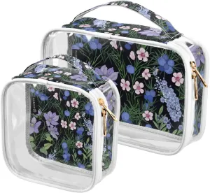 2 Pack Portable Travel Clear Cosmetic Toiletry Bags with Double Zippers for Men Women, Floral-gorgeous-print Waterproof Storage Carry Pouch with Handle, Tote Bags for Bathroom Traveling Vacation Orga