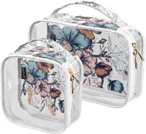2 Pack Portable Travel Clear Cosmetic Toiletry Bags with Double Zippers for Men Women, Flowers-ad-butterflies-print Waterproof Storage Carry Pouch with Handle, Tote Bags for Bathroom Traveling Vacati