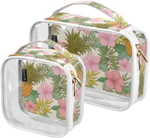 2 Pack Portable Travel Clear Cosmetic Toiletry Bags with Double Zippers for Men Women, Hand-drawn-tropical-flowers2 Waterproof Storage Carry Pouch with Handle, Tote Bags for Bathroom Traveling Vacati