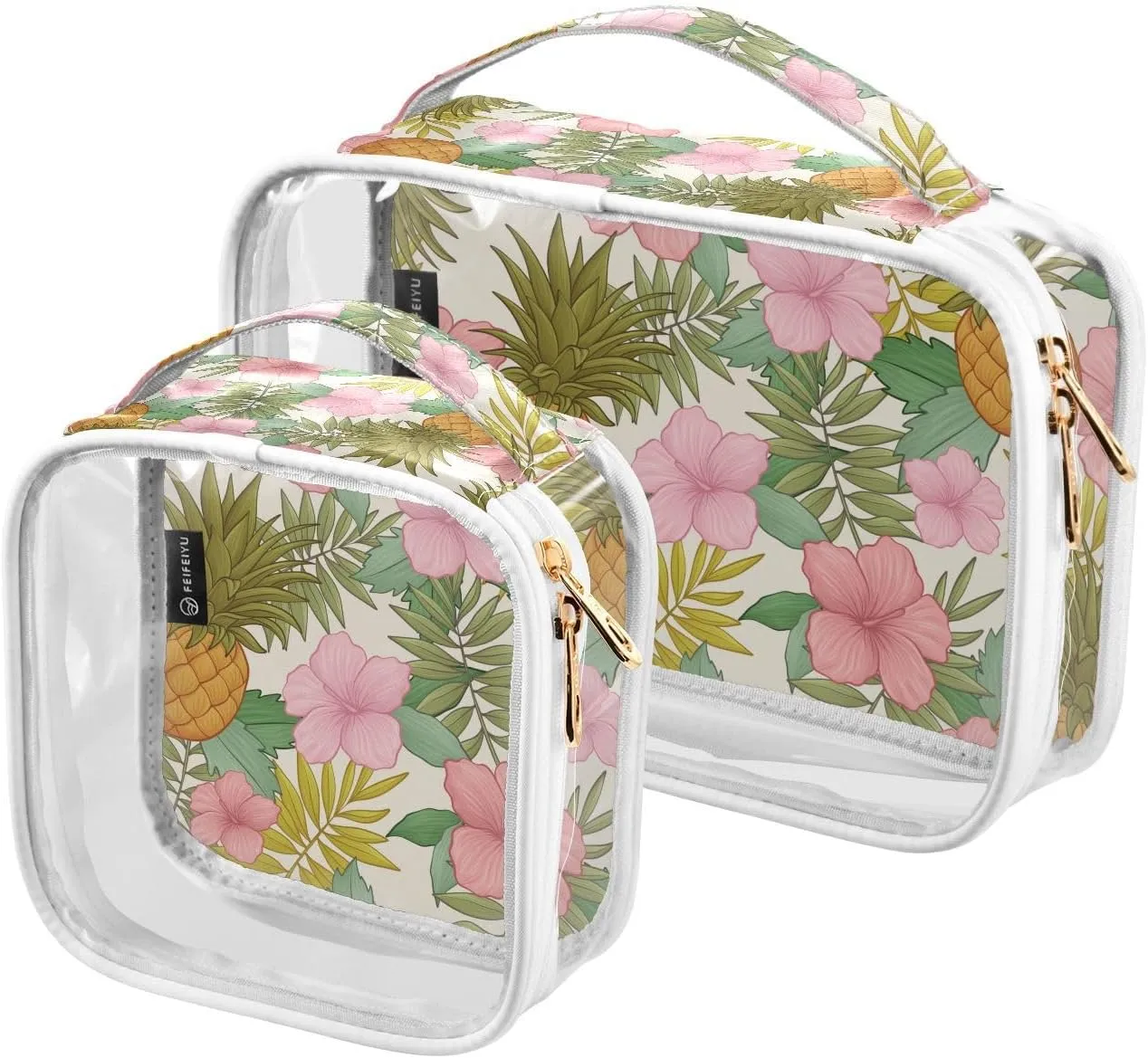 2 Pack Portable Travel Clear Cosmetic Toiletry Bags with Double Zippers for Men Women, Hand-drawn-tropical-flowers2 Waterproof Storage Carry Pouch with Handle, Tote Bags for Bathroom Traveling Vacati