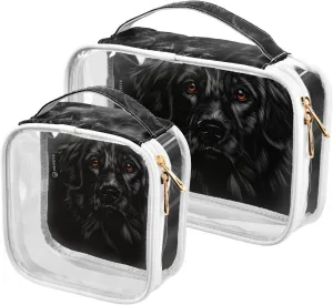 2 Pack Portable Travel Clear Cosmetic Toiletry Bags with Double Zippers for Men Women, Labrador-retriever-black-background Waterproof Storage Carry Pouch with Handle, Tote Bags for Bathroom Traveling