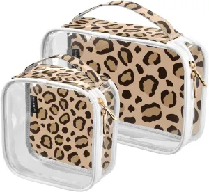 2 Pack Portable Travel Clear Cosmetic Toiletry Bags with Double Zippers for Men Women, Leopard-beige-black-spots Waterproof Storage Carry Pouch with Handle, Tote Bags for Bathroom Traveling Vacation