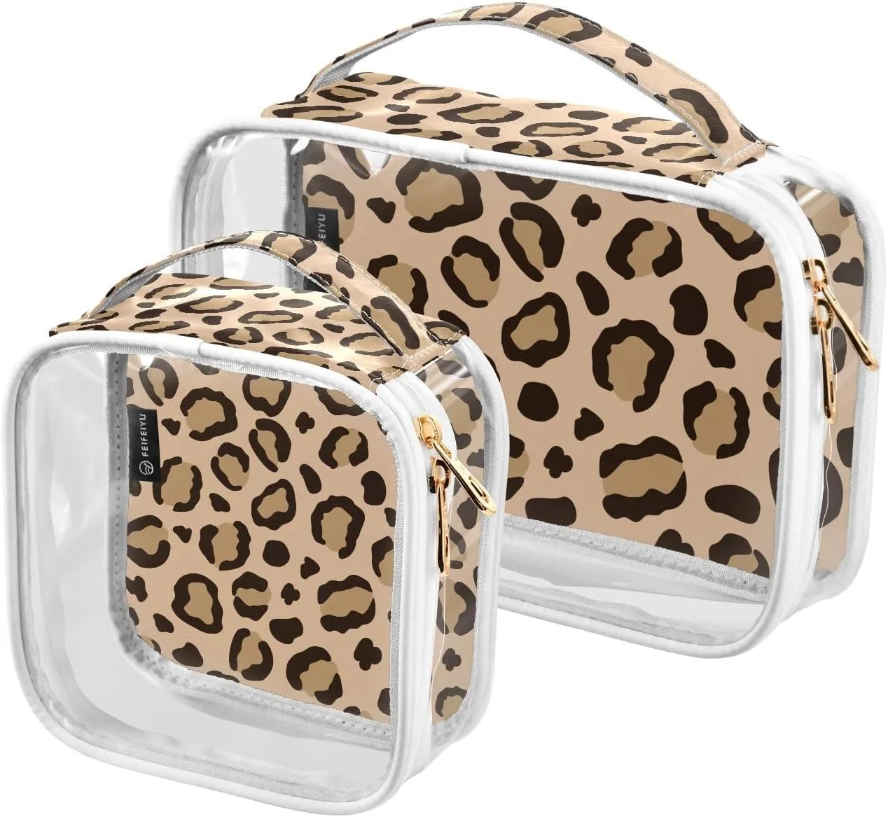 2 Pack Portable Travel Clear Cosmetic Toiletry Bags with Double Zippers for Men Women, Leopard-beige-black-spots Waterproof Storage Carry Pouch with Handle, Tote Bags for Bathroom Traveling Vacation