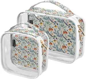 2 Pack Portable Travel Clear Cosmetic Toiletry Bags with Double Zippers for Men Women, Pressed Flowers-pattern Waterproof Storage Carry Pouch with Handle, Tote Bags for Bathroom Traveling Vacation Or