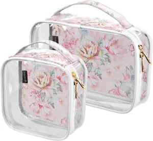 2 Pack Portable Travel Clear Cosmetic Toiletry Bags with Double Zippers for Men Women, Rose-flora-print Waterproof Storage Carry Pouch with Handle, Tote Bags for Bathroom Traveling Vacation Organizin