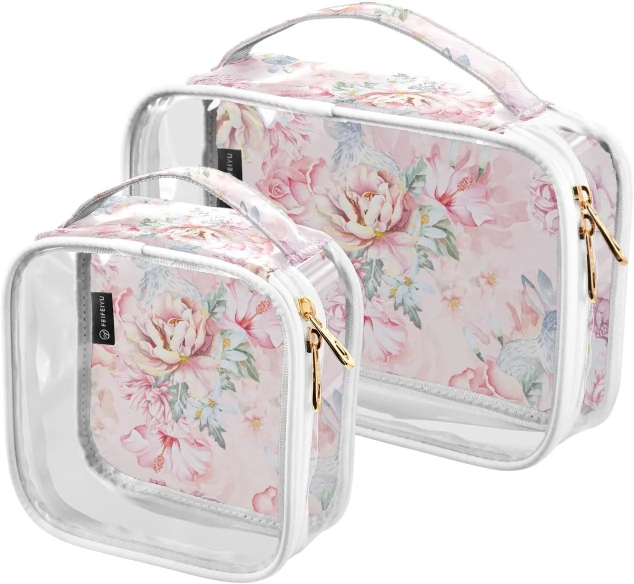 2 Pack Portable Travel Clear Cosmetic Toiletry Bags with Double Zippers for Men Women, Rose-flora-print Waterproof Storage Carry Pouch with Handle, Tote Bags for Bathroom Traveling Vacation Organizin