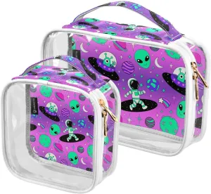 2 Pack Portable Travel Clear Cosmetic Toiletry Bags with Double Zippers for Men Women, Space Vaporwave Pattern Waterproof Storage Carry Pouch with Handle, Tote Bags for Bathroom Traveling Vacation Or