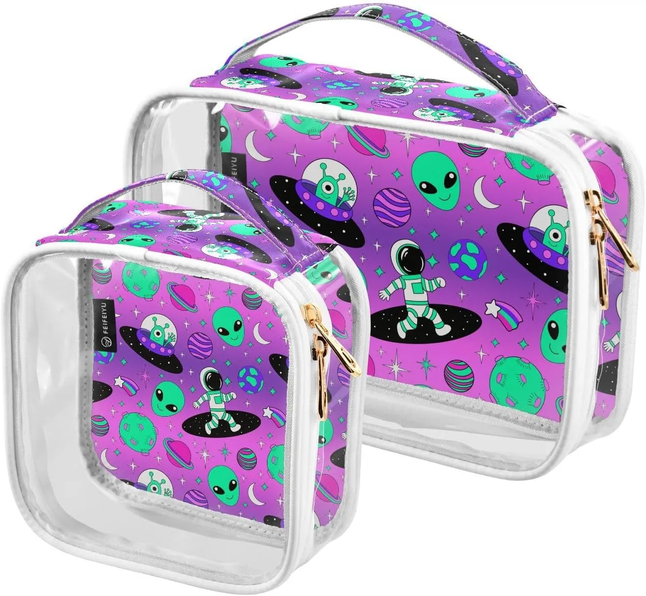 2 Pack Portable Travel Clear Cosmetic Toiletry Bags with Double Zippers for Men Women, Space Vaporwave Pattern Waterproof Storage Carry Pouch with Handle, Tote Bags for Bathroom Traveling Vacation Or