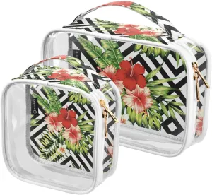 2 Pack Portable Travel Clear Cosmetic Toiletry Bags with Double Zippers for Men Women, Tropical-black-white-geometric Waterproof Storage Carry Pouch with Handle, Tote Bags for Bathroom Traveling Vaca