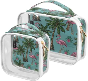 2 Pack Portable Travel Clear Cosmetic Toiletry Bags with Double Zippers for Men Women, Tropical-colorful-pink-flamingo Waterproof Storage Carry Pouch with Handle, Tote Bags for Bathroom Traveling Vac