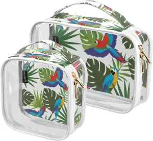 2 Pack Portable Travel Clear Cosmetic Toiletry Bags with Double Zippers for Men Women, Tropical-forest-pattern Waterproof Storage Carry Pouch with Handle, Tote Bags for Bathroom Traveling Vacation Or