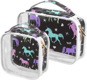 2 Pack Portable Travel Clear Cosmetic Toiletry Bags with Double Zippers for Men Women, Unicorns-stars-black Waterproof Storage Carry Pouch with Handle, Tote Bags for Bathroom Traveling Vacation Organ