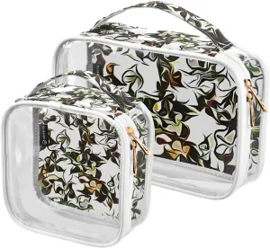 2 Pack Portable Travel Clear Cosmetic Toiletry Bags with Double Zippers for Men Women, Vintage Floral White Pattern Waterproof Storage Carry Pouch with Handle, Tote Bags for Bathroom Traveling Vacati
