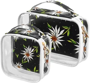 2 Pack Portable Travel Clear Cosmetic Toiletry Bags with Double Zippers for Men Women, White Flower Pattern Waterproof Storage Carry Pouch with Handle, Tote Bags for Bathroom Traveling Vacation Organ