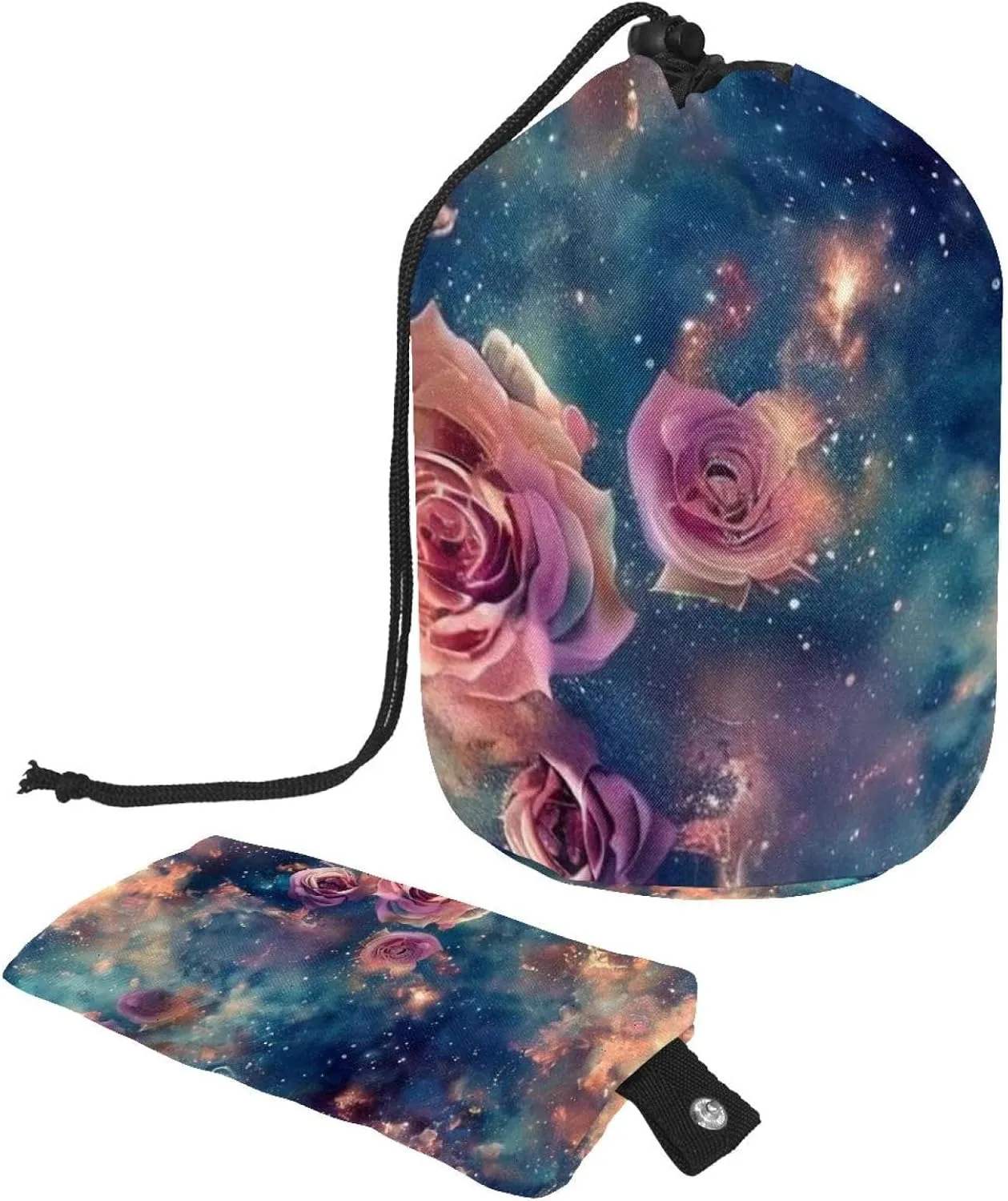 2 Pcs Cosmetic Bag bucket Travel Makeup Bags Large Capacity Soft Waterproof Portable Drawstring Cosmetic Bag, Aesthetic Rose Galaxy