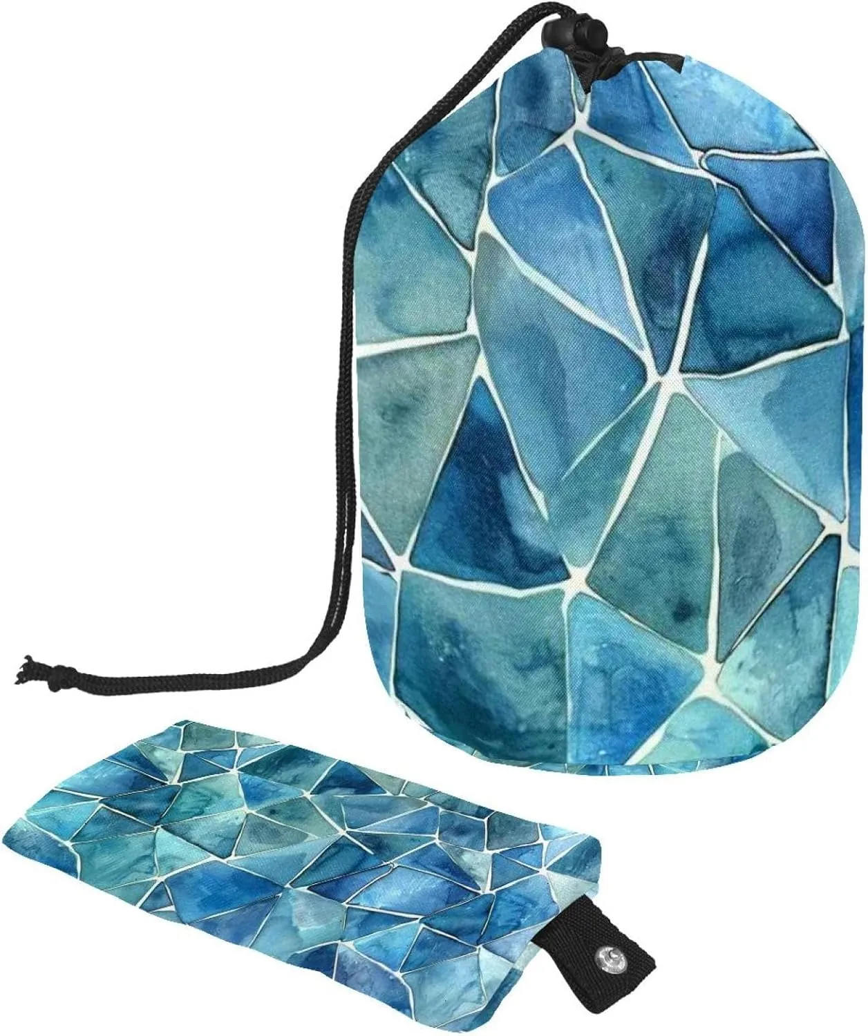 2 Pcs Cosmetic Bag bucket Travel Makeup Bags Large Capacity Soft Waterproof Portable Drawstring Cosmetic Bag, Art Blue Watercolor Mosaic Geometric