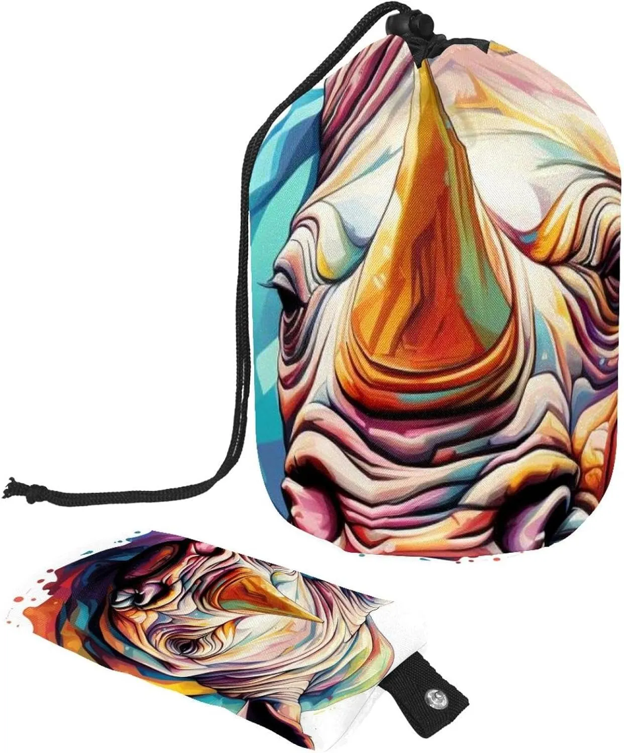 2 Pcs Cosmetic Bag bucket Travel Makeup Bags Large Capacity Soft Waterproof Portable Drawstring Cosmetic Bag, Art Rhino Pattern 7