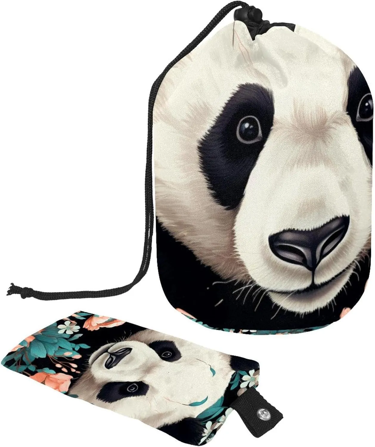 2 Pcs Cosmetic Bag bucket Travel Makeup Bags Large Capacity Soft Waterproof Portable Drawstring Cosmetic Bag, Cute Panda with Floral Pattern