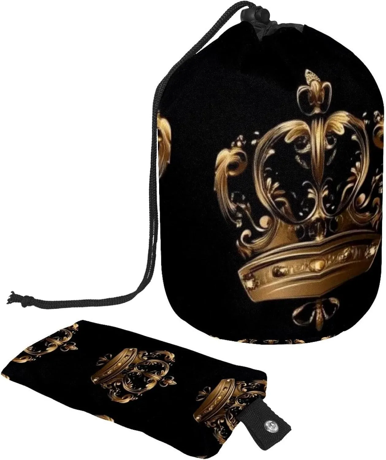 2 Pcs Cosmetic Bag bucket Travel Makeup Bags Large Capacity Soft Waterproof Portable Drawstring Cosmetic Bag, Golden Royal Crown Print 59