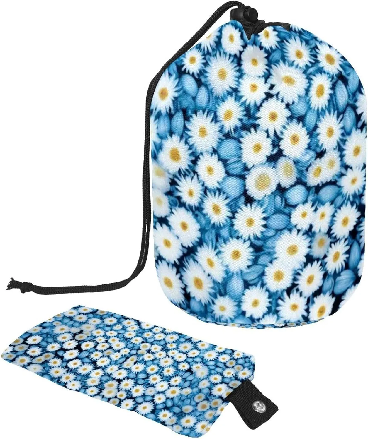 2 Pcs Cosmetic Bag bucket Travel Makeup Bags Large Capacity Soft Waterproof Portable Drawstring Cosmetic Bag, White Daisies