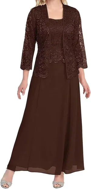 2 Piece Mother of The Bride Dresses for Women with Jackets Tea Length Chiffon Formal Dress for Wedding Guest Long Sleeve