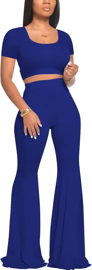 2 Piece Outfits for Women Workout Sets - Sexy Crop Top   High Waisted Flared Long Pant Sets Track Suits Yoga Sports