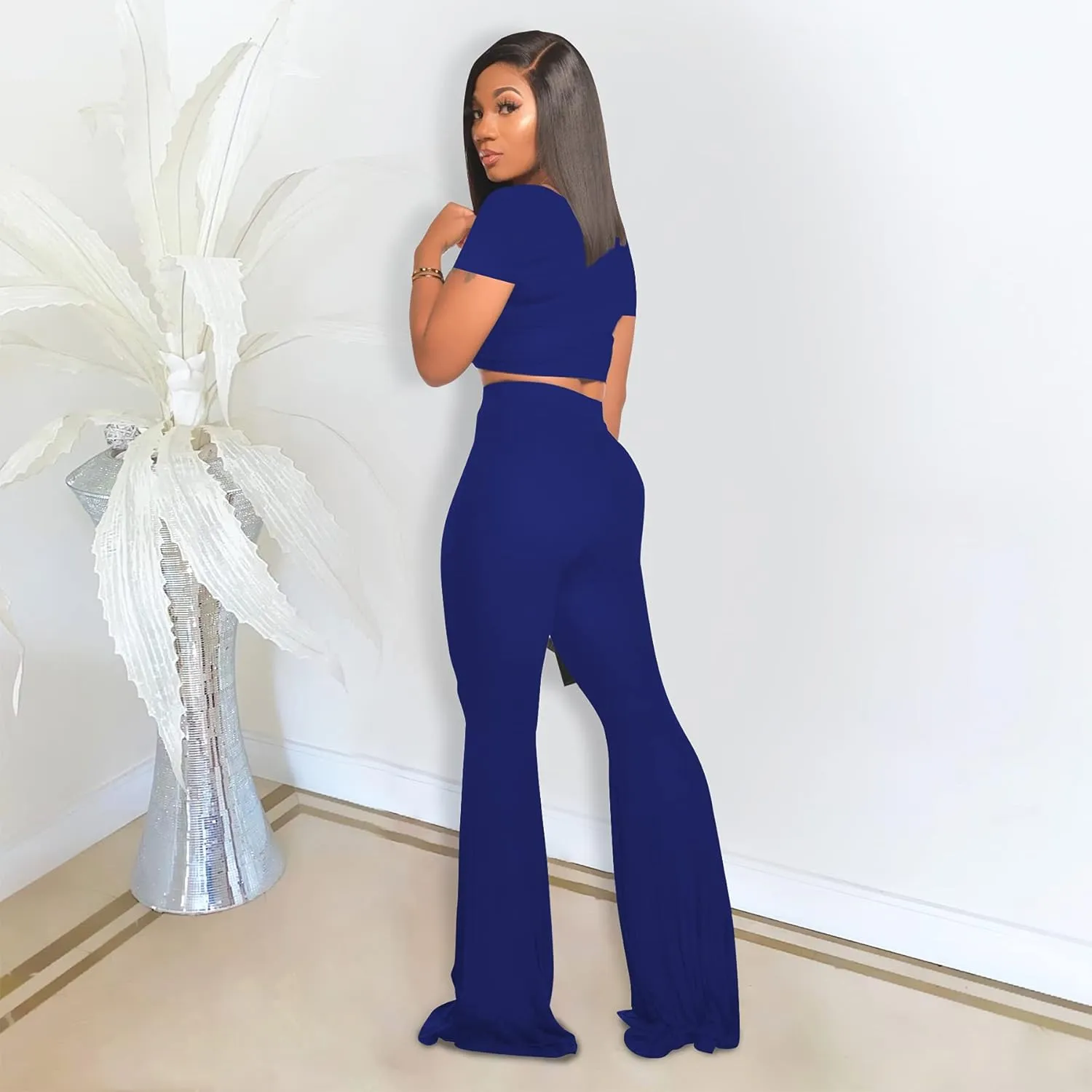 2 Piece Outfits for Women Workout Sets - Sexy Crop Top   High Waisted Flared Long Pant Sets Track Suits Yoga Sports