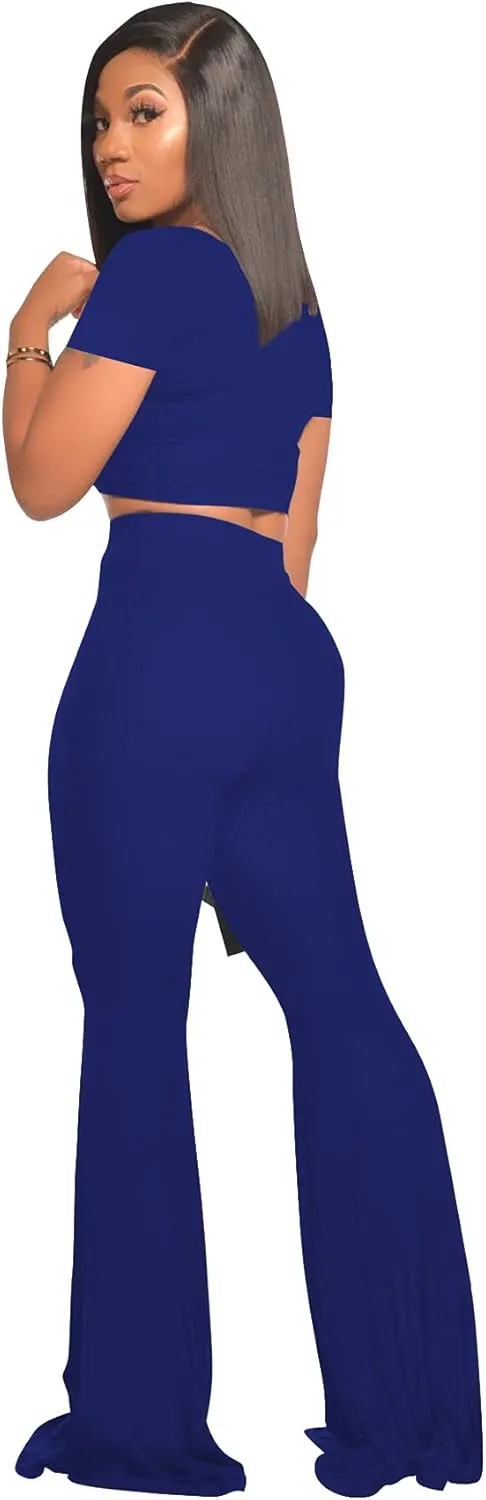 2 Piece Outfits for Women Workout Sets - Sexy Crop Top   High Waisted Flared Long Pant Sets Track Suits Yoga Sports