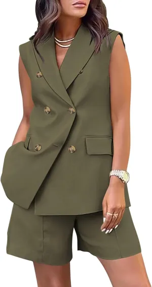 2 Piece Sets for Women Summer Business Casual Outfits Sleeveless Vest Blazer and Shorts 2024 Dressy Pants Suits