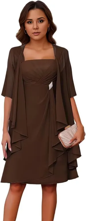 2 Pieces Mother of The Bride Dresses for Wedding Lace Applique Chiffon Tea Length Mother of The Groom Gown with Jackets