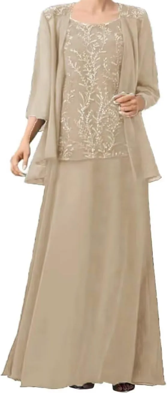 2 Pieces Mother of The Bride Dresses for Wedding Laces Appliques Chiffon Mother of The Groom Dresses with Jackets