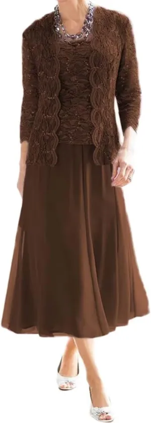 2 Pieces Mother of The Bride Dresses for Wedding Laces Chiffon Tea Length Formal Evening Dresses with Jackets
