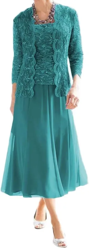 2 Pieces Mother of The Bride Dresses for Wedding Laces Chiffon Tea Length Formal Evening Dresses with Jackets