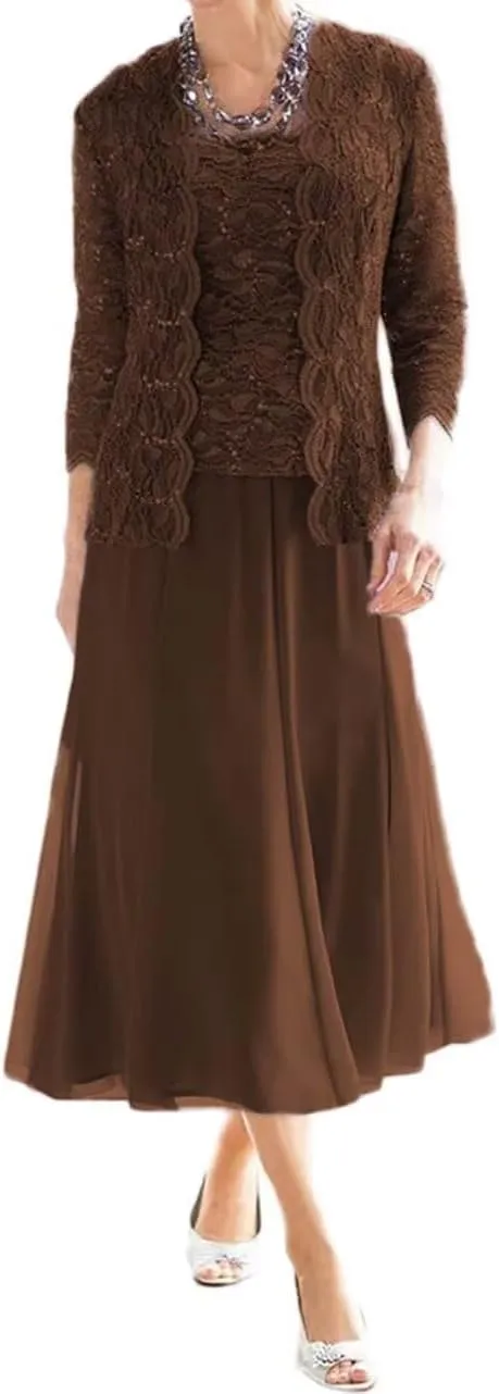 2 Pieces Mother of The Bride Dresses for Wedding Laces Chiffon Tea Length Formal Evening Dresses with Jackets