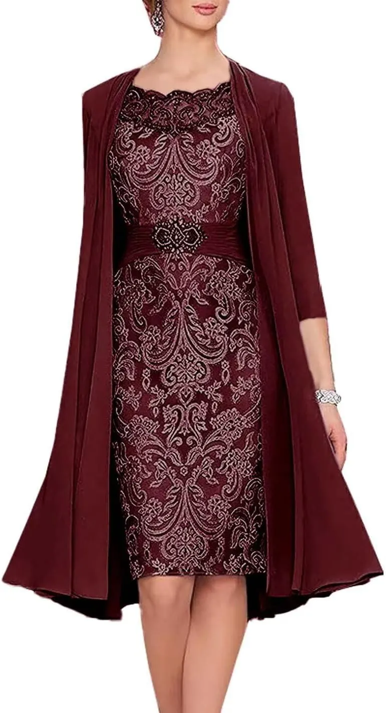 2 Pieces Mother of The Bride Dresses with Jacket Laces Appliques Mother of The Groom Dresses for Wedding Tea Length
