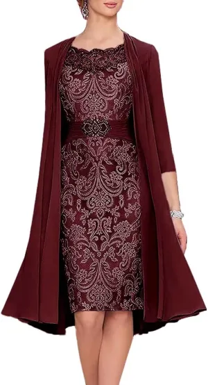 2 Pieces Mother of The Bride Dresses with Jacket Laces Appliques Mother of The Groom Dresses for Wedding Tea Length