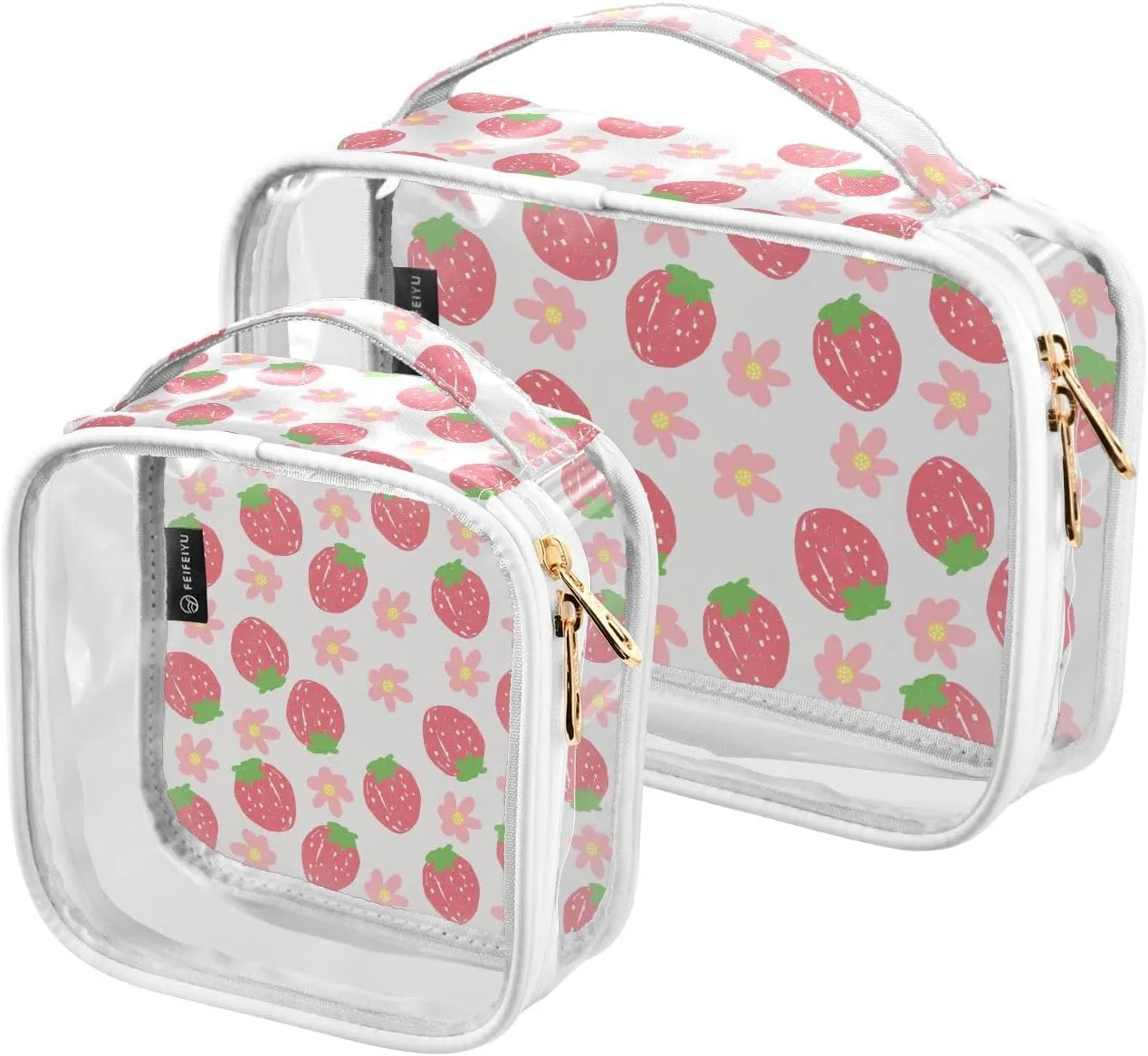 2 Pieces Portable Clear Large Makeup Bag, PVC Waterproof Travel Organizer for Men Women, Strawberry-pink-pattern Toiletry Bags with Gold Zippers.