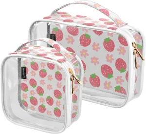 2 Pieces Portable Clear Large Makeup Bag, PVC Waterproof Travel Organizer for Men Women, Strawberry-pink-pattern Toiletry Bags with Gold Zippers.